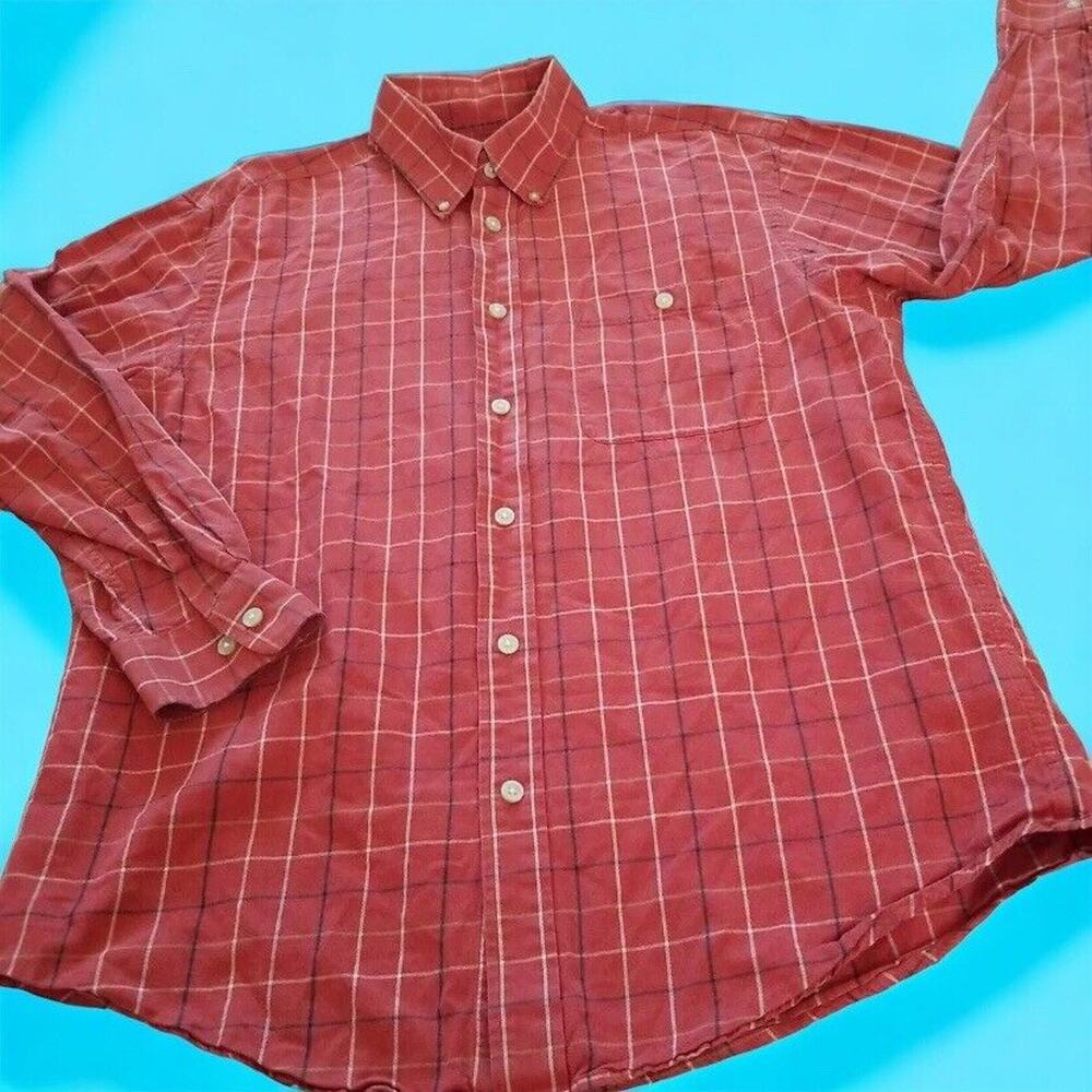 Orvis Men's Long Sleeve Casual Button-Down‎ Shirt Cotton Orange Plaid L